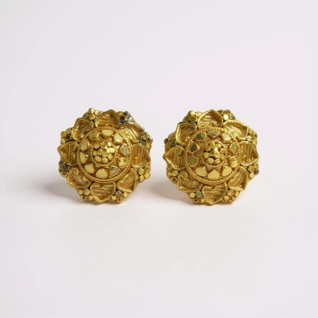 Ornate Heritage Floral Gold Stud Earrings for Women – Traditional Temple-Inspired Design with Intricate Petals and Texture Ideal for Weddings, Religious Functions, South Indian Looks and Gifting