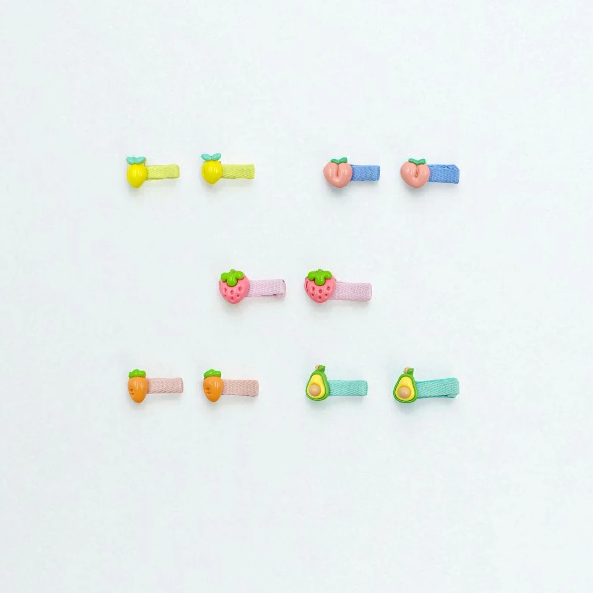 Adorable Fruit-Themed Kids Hair Clips – Set of 5 Pairs Featuring Avocado, Peach, Strawberry, Lemon, and Carrot Designs – Colorful and Fun Accessories for Girls with Cute Style