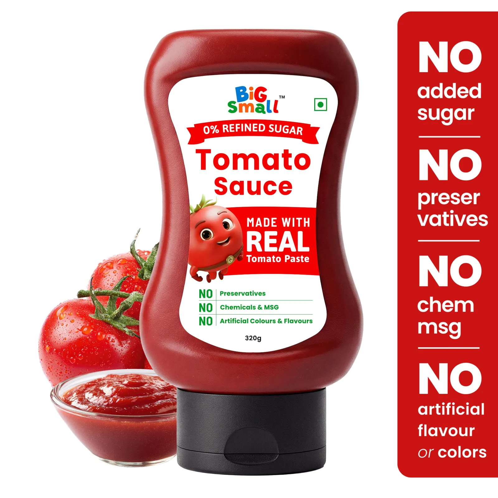 BiGSmall Tomato Sauce Squeeze Bottle for Kids | No Refined Sugar, No Added Preservatives, No Artificial Flavors, No Artificial Colors or Chemicals | Sweetened Only with Jaggery | Its 100% Vegetarian Tomato Ketchup | 320g